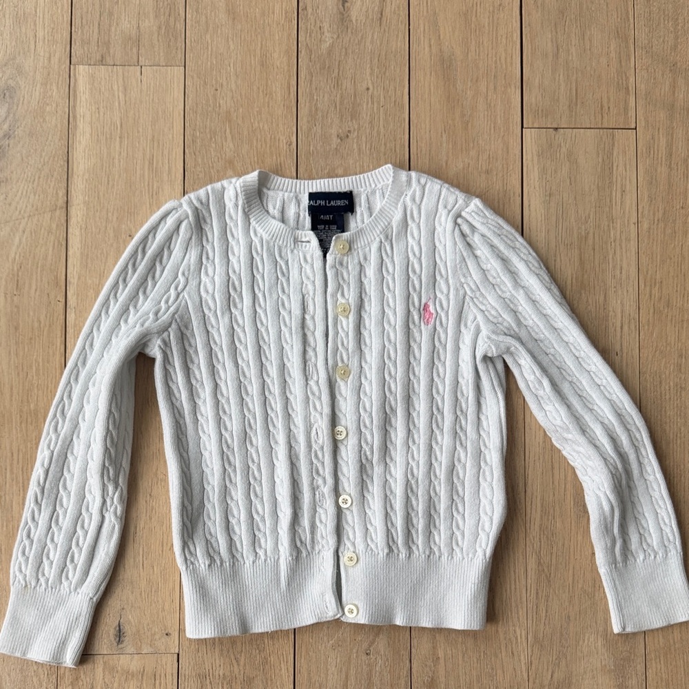 Ralph Lauren white Cable Knit Cardigan with Pink Emblem